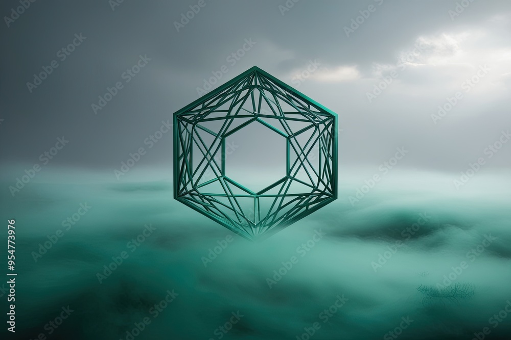 Wall mural misty emerald background with mysterious octagon lattice design and contemporary visualization