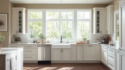 Fototapeta premium Envision a bright and airy kitchen with large windows letting in plenty of natural light. The white cabinets