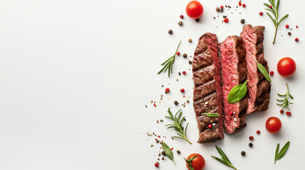 Grilled beef steaks with herbs, cherry tomatoes, and spices on white background, gourmet meat food concept for restaurant and steakhouse design, top view of juicy and tender steaks