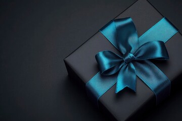 Black gift box with blue ribbon on dark background, black friday sale concept, top view with generative ai