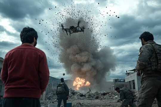 A group of soldiers watches a drone carrying out a mission as an explosion occurs, highlighting the intensity and strategic elements in a war-ravaged area.