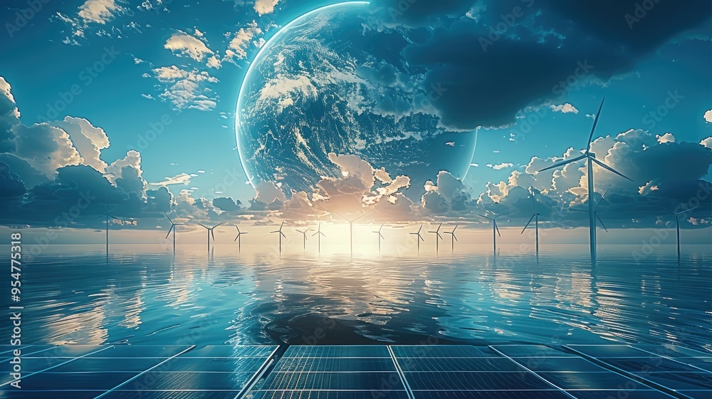 Poster Wind turbines and solar panels with Earth in the background, highlighting the integration of renewable energy sources for a sustainable future. Generative AI.