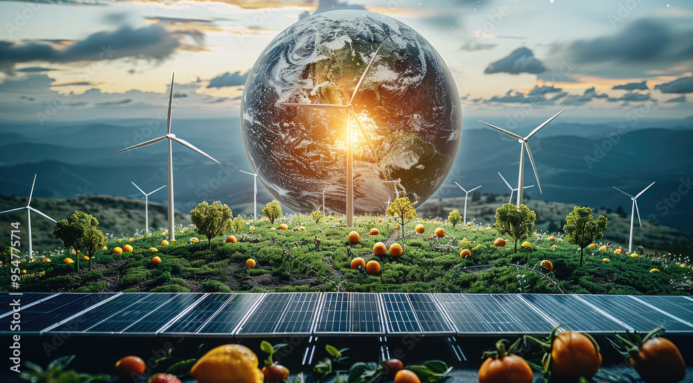 Poster wind turbines and solar panels with earth in the background, highlighting the integration of renewab