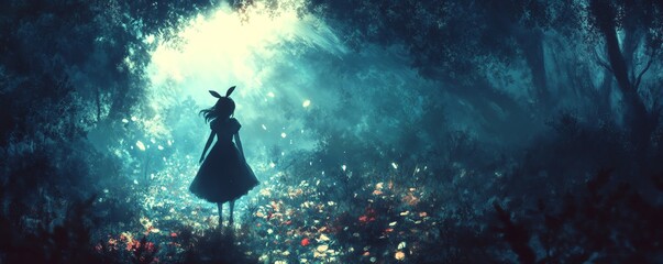 Visualize Alice from Wonderland pursuing a white rabbit into a rabbit hole, with the rabbit dropping books behind as a breadcrumb trail