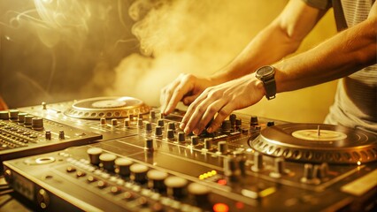  dj spinning mixing and scratching in a night club