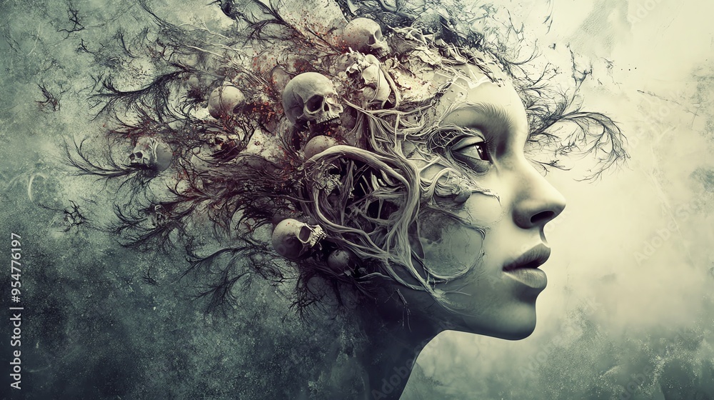 Wall mural surreal portrait of woman with decomposing skull head, fantasy art