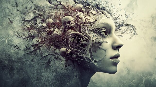 Surreal Portrait of Woman with Decomposing Skull Head, Fantasy Art