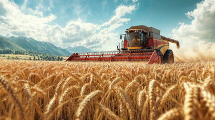 Fototapeta premium A combine harvester is efficiently working in a vast wheat field