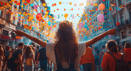 Street festival for International Workers Day, diverse workers celebrating, live music and dancing, colorful decorations, joyful atmosphere, modern cityscape. Generative AI.