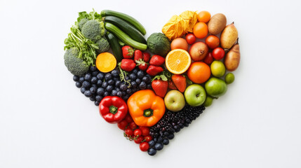 A heart shape composed of various fruits and vegetables, set against a white background.