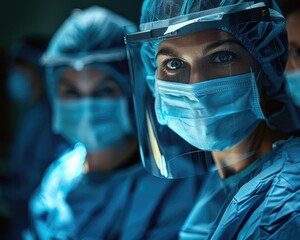 Team of surgeons performing a complex operation, focused expressions visible under the bright lights of the operating room