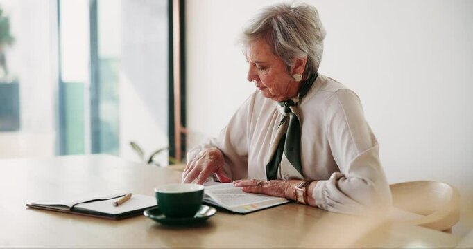Elderly woman, reading and coffee for bible study, faith and learning knowledge of Christian scripture. Senior person, book and notes for holy spirit, worship and teaching of gospel of Jesus Christ