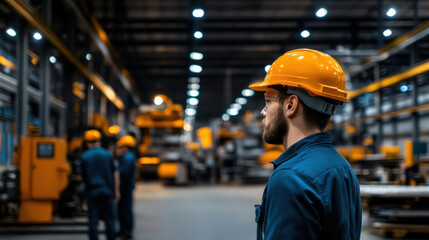 A factory worker in a safety helmet observing the production line in a well-lit modern industrial factory, emphasizing workplace safety and efficiency.