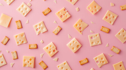 Cheese and crackers pattern on a pink background, top view with scattered cheese slices and snack pieces for food background