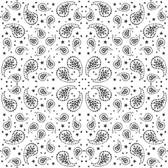 Black and white seamless pattern with celestial and paisley motifs scarf design. Monochrome stars and florals boho wallpaper.