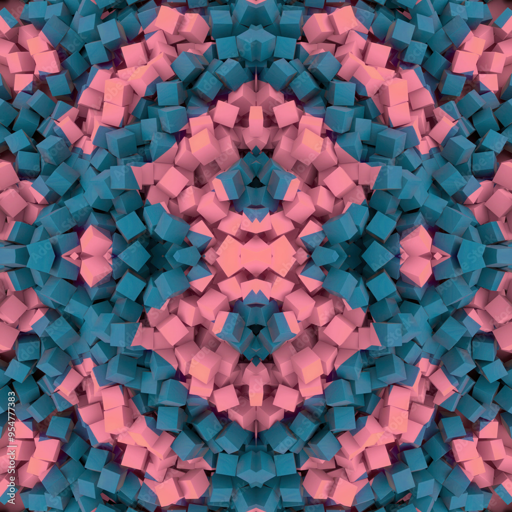 Poster Many small cubes form a symmetrical simple geometric pattern in blue and pink color. 3d rendering digital illustration