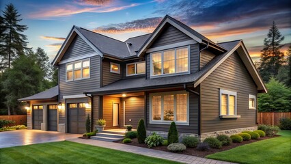The classic charm of the house with horizontal lap siding comes alive in the warm afternoon sun, its rustic beauty on full display.