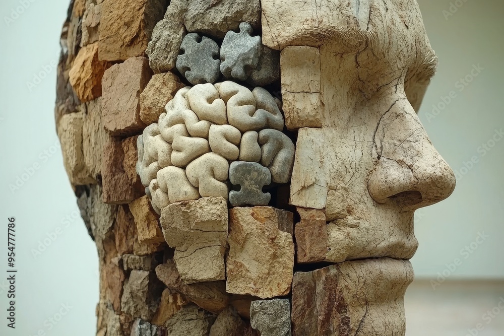 Wall mural Mental health Cognitive neuroscience Sculpture of a human face composed of stone puzzle pieces representing foundational aspects of identity memory and the complexities of the human experience