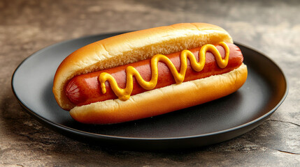 A hot dog with mustard and tomato sauce in a bun, served on a black plate against a stone background. 