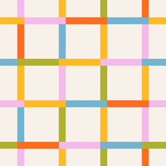 Seamless pattern of multicolored checkered lines on a light background, flat style