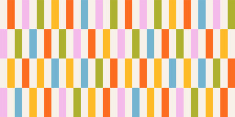 Abstract seamless pattern of multicolored vertical straight stripes in a row on, chess pattern a light background, flat style