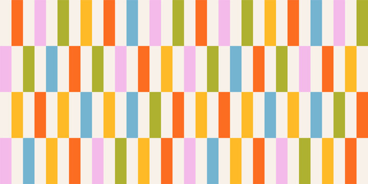 Abstract seamless pattern of multicolored vertical straight stripes in a row on, chess pattern a light background, flat style