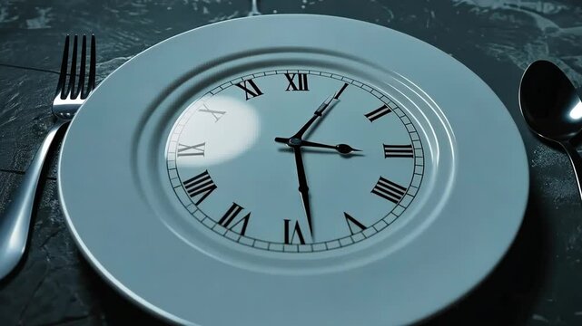 Creative food concept with a clock on a plate beside cutlery showcasing the passage of time during a meal