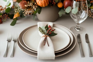 Thanksgiving table setting, featuring fall-themed plates, silverware, a centerpiece of autumn flowers, and a neatly folded napkin with a handwritten place card. The focus is on the details that create