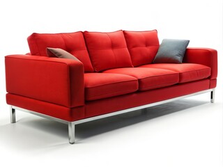 "A photo image of a bold and stylish vibrant red sofa set, placed on a clean and crisp white background, with a unique chrome leg design"