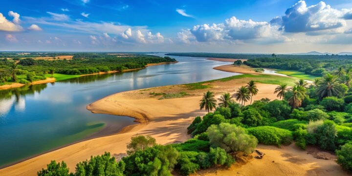 A photo image of a serene river Godavari banked by lush greenery and sandy dunes in Rajahmundry, Andhra Pradesh, India.