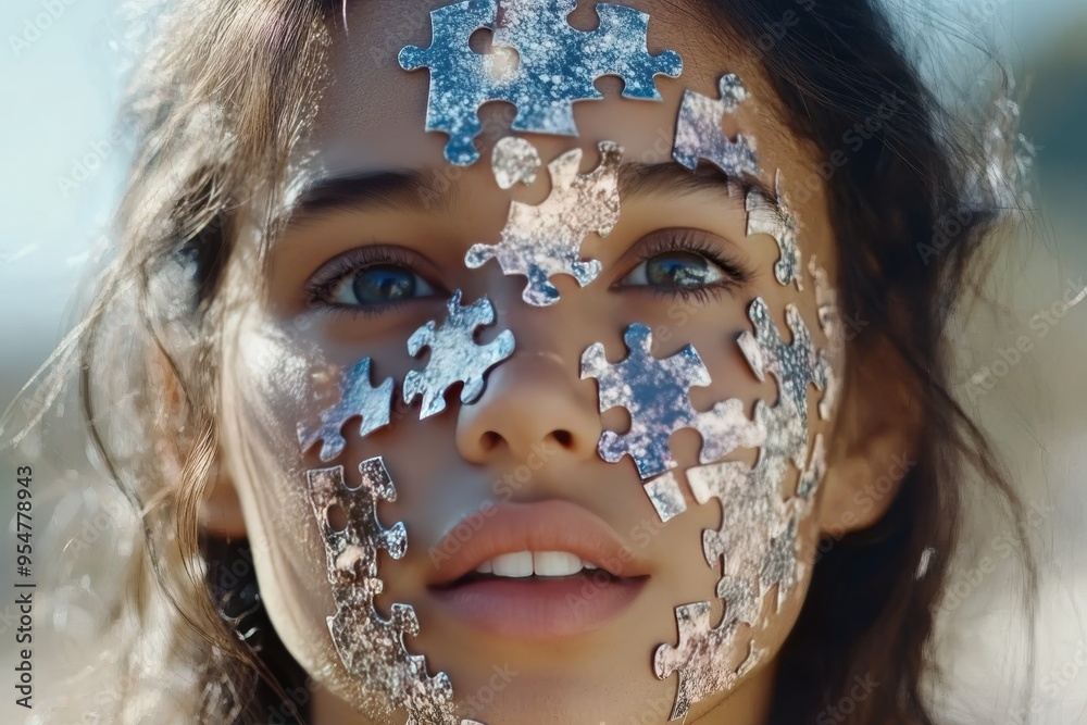 Sticker Aging brain Cognitive neuroscience Portrait of a young woman with puzzle pieces on her face symbolizing the exploration of identity self discovery or the complexities of personal growth