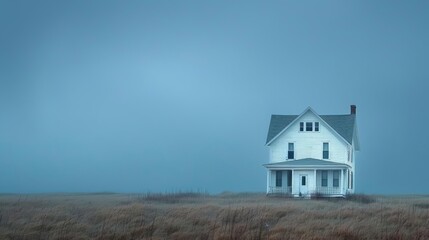 Abandoned house under a brooding sky, the atmosphere dense with cold and pressure