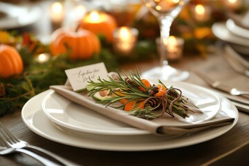 Thanksgiving table setting, featuring fall-themed plates, silverware, a centerpiece of autumn flowers, and a neatly folded napkin with a handwritten place card. The focus is on the details that create