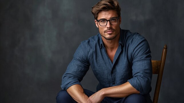 sexy man with open collar shirt and glasses holding elbows on knees and confidently posing while sitting on wooden chair on grey background in studio 