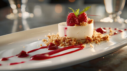 Elegant dessert with raspberries and mint leaves on a white plate with crumbs and jam