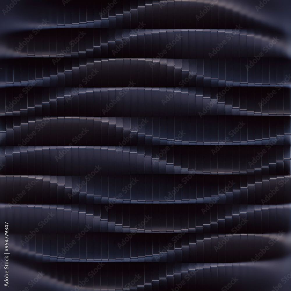 Poster Fascinating digital illustration of dark blue wavy shiny surface composed of many small geometric objects. 3d rendering