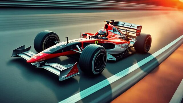 A race car speeding around a track, with motion blur and dramatic lighting