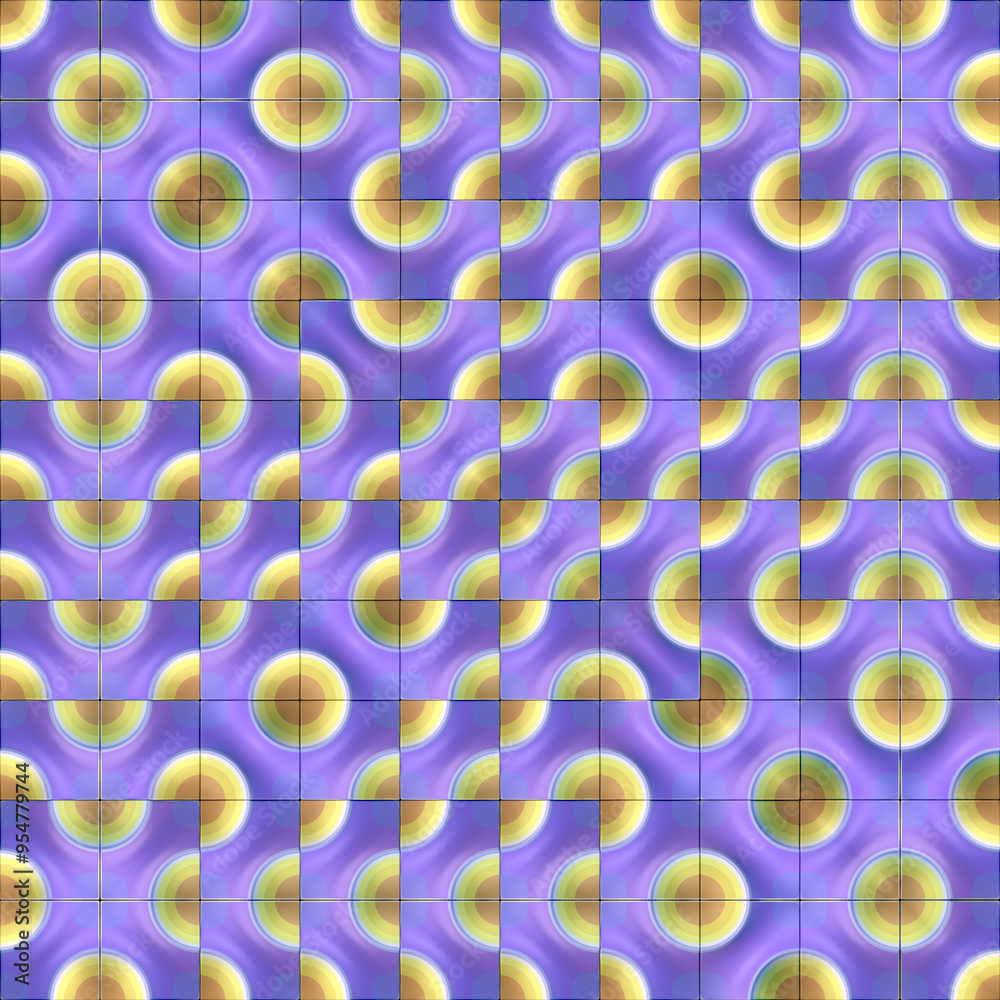 Poster Modern pattern in a bright neon color consisting of tiles with wavy lines and circles. 3d rendering digital illustration