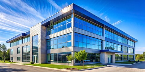 Obraz premium A brilliant blue glow emanates from the tinted windows of the modern headquarters, providing a stunning visual contrast