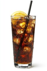 Classic Cola Beverage with Ice, Lemon Slice, and Straw on White, Refreshing Drink in Tall Glass.