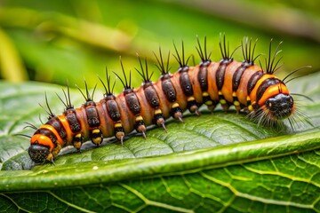 Naklejka premium A close-up shot showcases a brown and black caterpillar's slow and deliberate movements as it crawls across the veins of a lush green leaf.