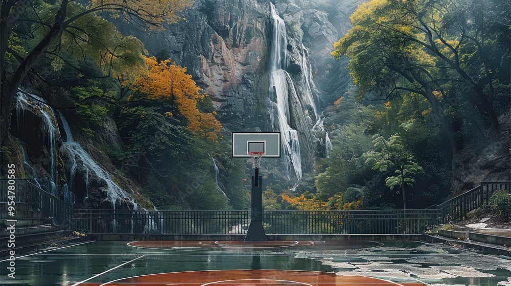 Poster a basketball court in a mountain with a waterfall behind it. generative ai.