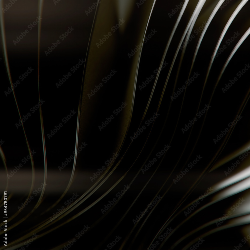 Poster Black and white illustration with floating stack of abstract wavy strips of metallic glossy fabric. 3d rendering