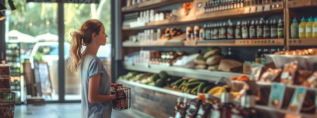 Obraz premium Young woman shopping in an organic grocery store