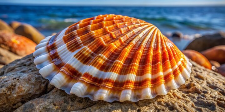 A photo image of a Mediterranean spiny oyster (Spondylus gaederopus) shell, showcasing its striking orange and white color pattern on a rocky coastal background.