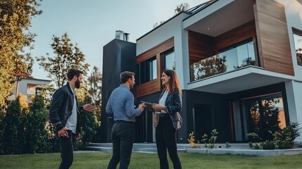 Real estate agent showing a modern home to a young couple.