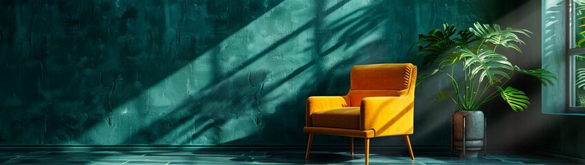 A blank, dark green wall in a cozy reading nook, with a comfortable chair and soft lighting, ideal for a warm, inviting mockup.