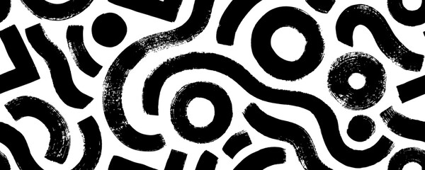 Seamless graffiti style banner design with grunge squiggles and circles. Grunge doodle seamless pattern.