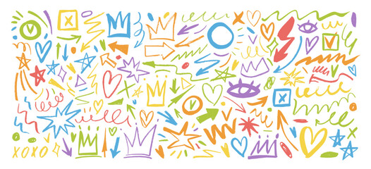 Various colorful brush drawn doodles, scribbles and squiggles, arrows, crowns collection. Hand drawn punk style elements.