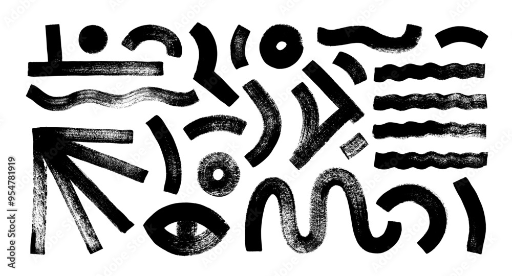 Poster naive playful abstract geometric shapes in grunge doodle style. brush drawn bold figures and thick w